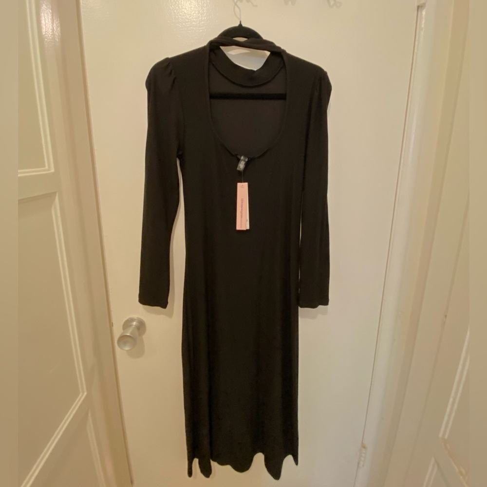 Aqua Long Sleeve Black Bodycon Midi Dress